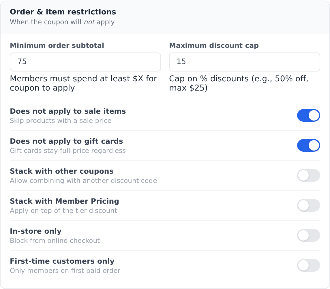Coupon restrictions: minimum spend, maximum discount cap, sale exclusions and stacking