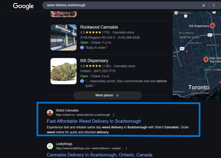 Historical Google results for weed delivery Scarborough, showing Stok’d as the first organic result below the local Places listings