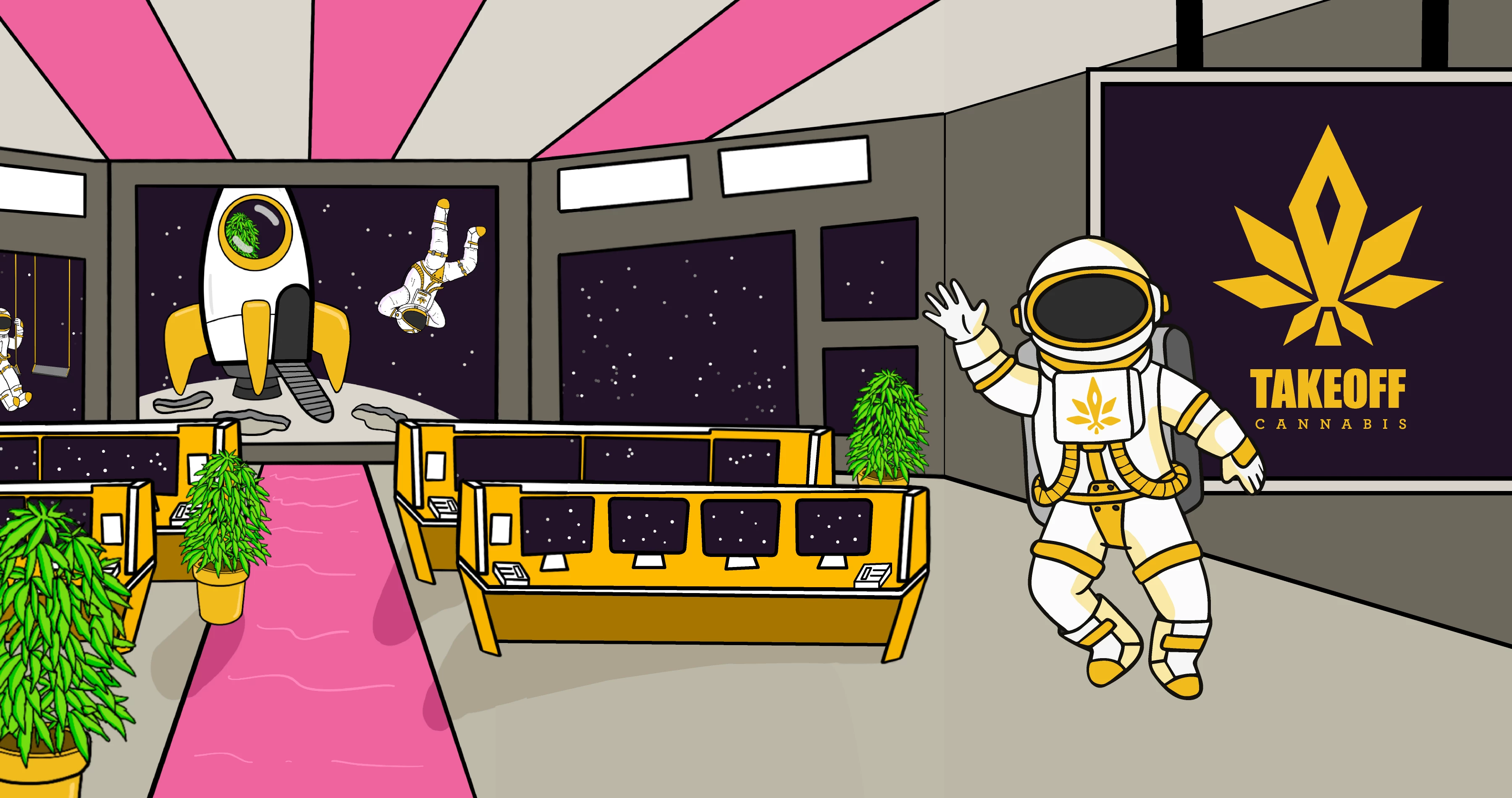 Take Off Cannabis brand artwork showing an astronaut, a rocket, and a gold, purple, and pink space-themed store